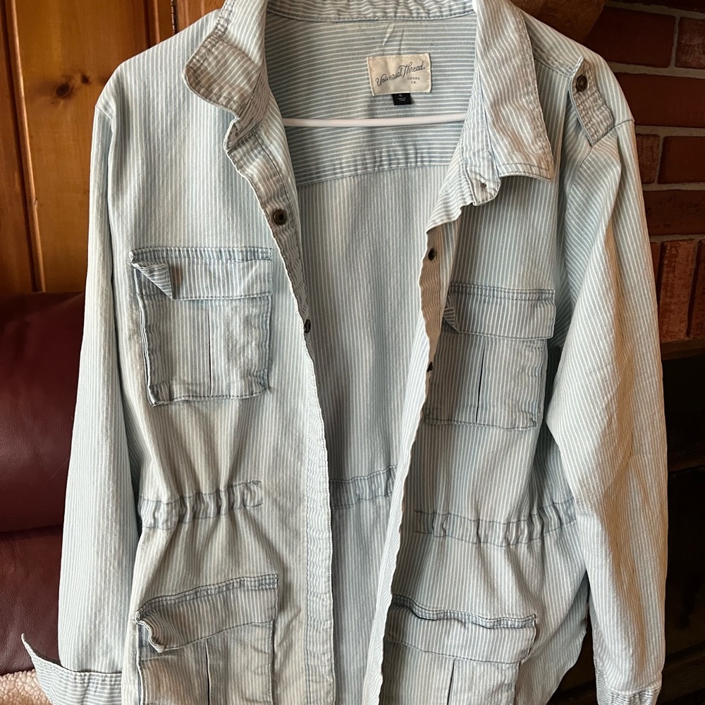 Universal threads striped utility jacket blue/white XL cinched waist